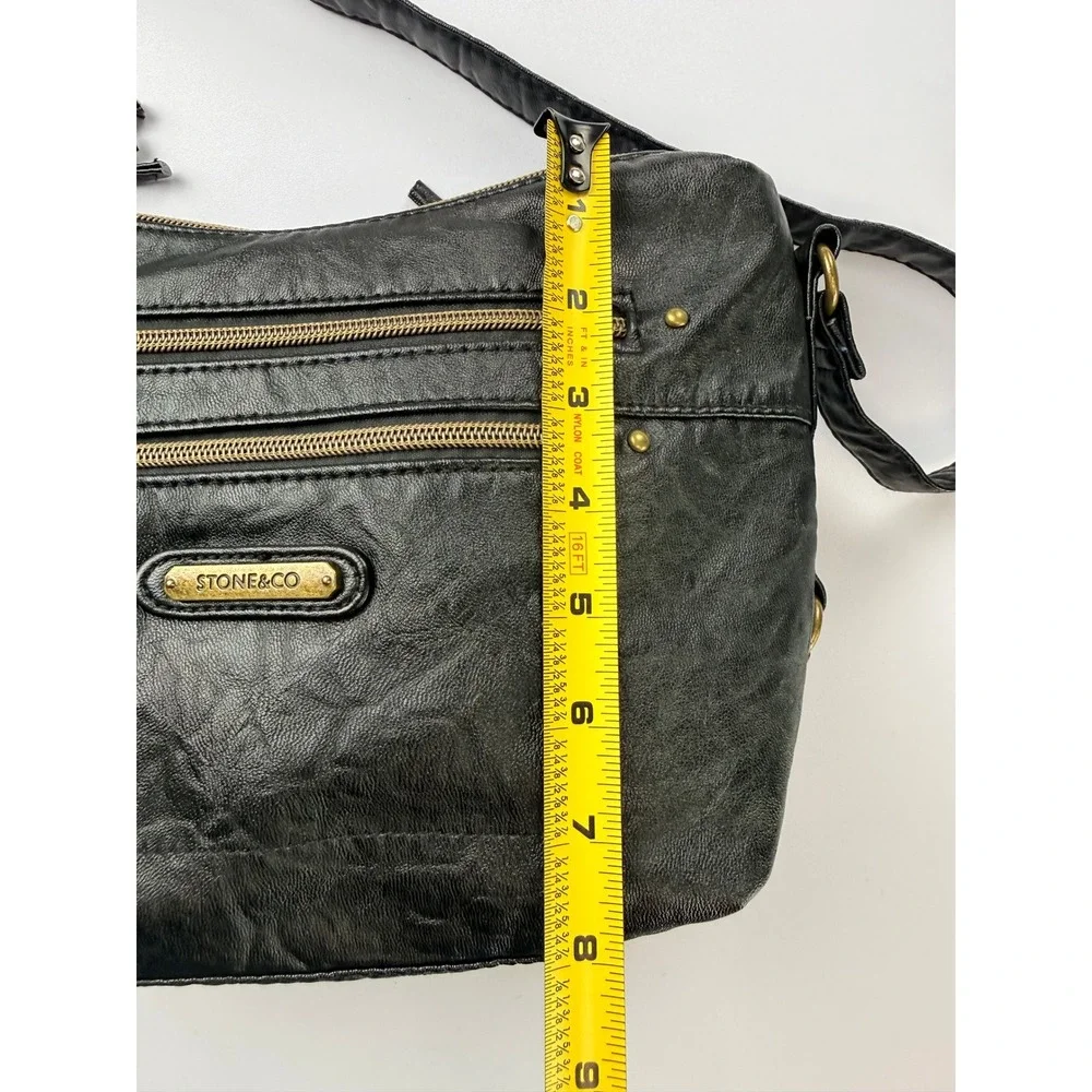 Stone & Co Black Crossbody Bag Multi Zip Pocket Distressed Leather Boho